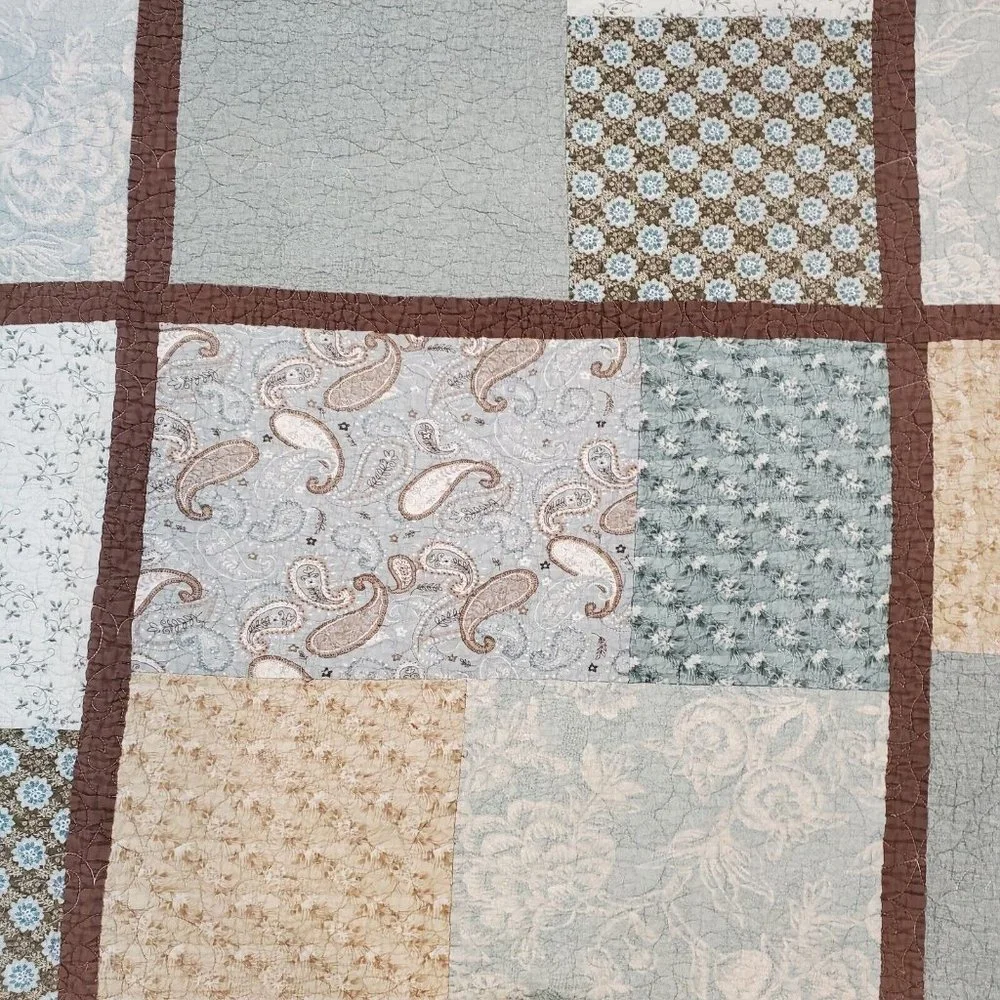Paisley Quilt Coverlet Full Size Floral Mixed Prints‎ Blue Brown 1 Sham Bedskirt